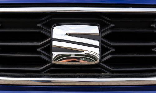 Prague, Czech Republic - September 22, 2018: Seat company logo on blue car Seat Leon FR on March 25, 2018 in Prague, Czech Republic.