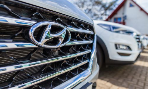 Nuremberg / Germany - April 7, 2019: Hyundai logo on a Hyundai car at a car dealer. The Hyundai Motor Company is a South Korean multinational automotive manufacturer headquartered in Seoul.